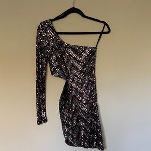 Asymmetrical One-Shoulder Sequin Dress in Multi-Color